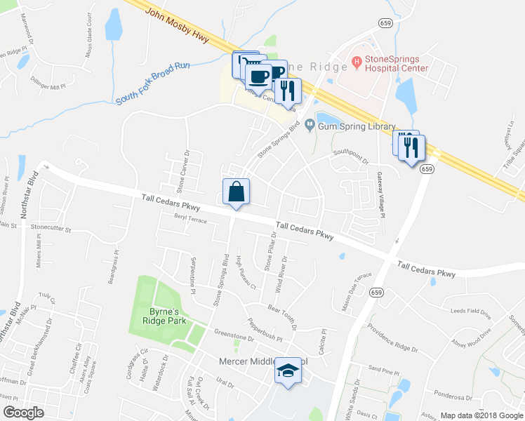 map of restaurants, bars, coffee shops, grocery stores, and more near 24703 Siltstone Square in Stone Ridge