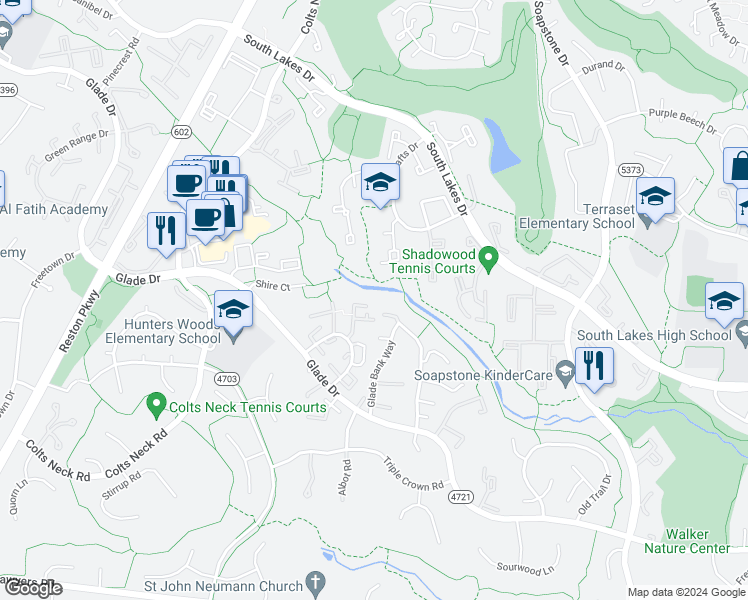 map of restaurants, bars, coffee shops, grocery stores, and more near 2304 Horseferry Court in Reston