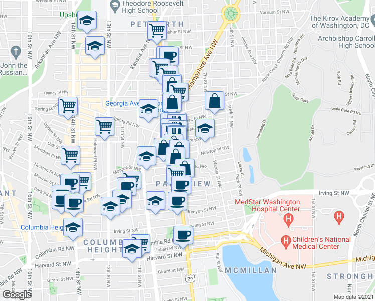 map of restaurants, bars, coffee shops, grocery stores, and more near 621 Newton Place Northwest in Washington