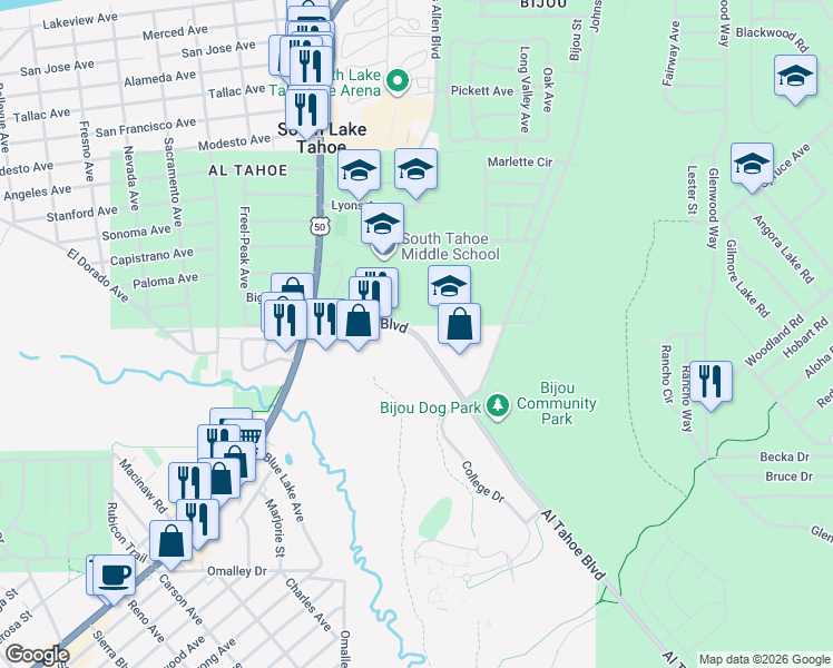 map of restaurants, bars, coffee shops, grocery stores, and more near 1099 Al Tahoe Boulevard in South Lake Tahoe