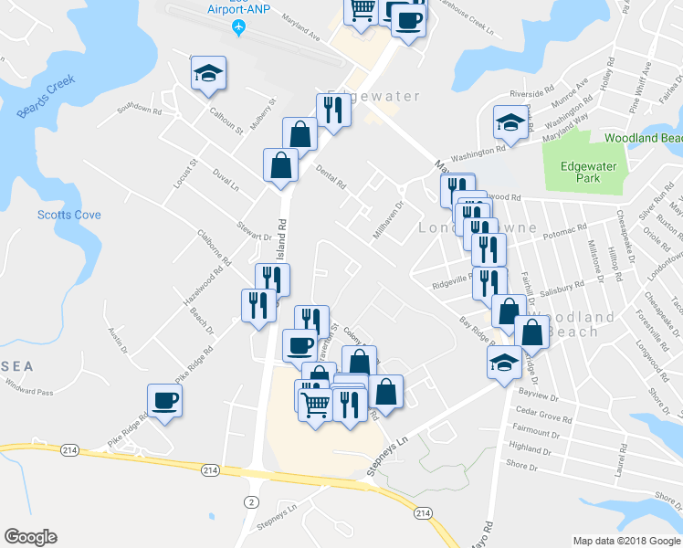 map of restaurants, bars, coffee shops, grocery stores, and more near 3813 Hayward Court in Edgewater