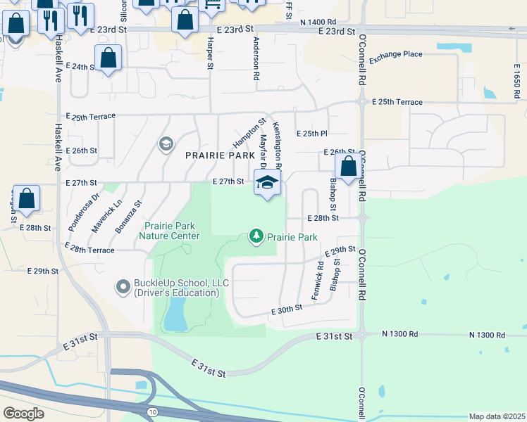 map of restaurants, bars, coffee shops, grocery stores, and more near 2711 Kensington Road in Lawrence