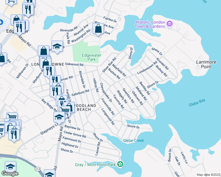 map of restaurants, bars, coffee shops, grocery stores, and more near 509 Londontown Road in Edgewater