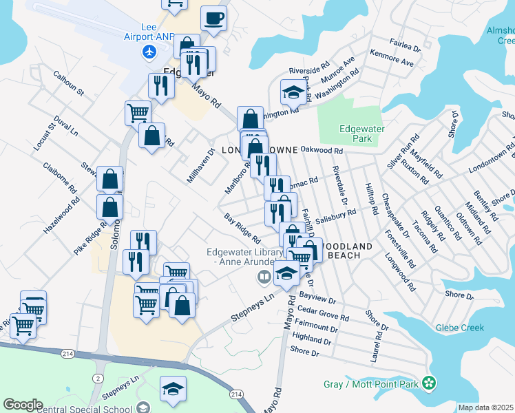 map of restaurants, bars, coffee shops, grocery stores, and more near 1908 Ridgeville Road in Edgewater