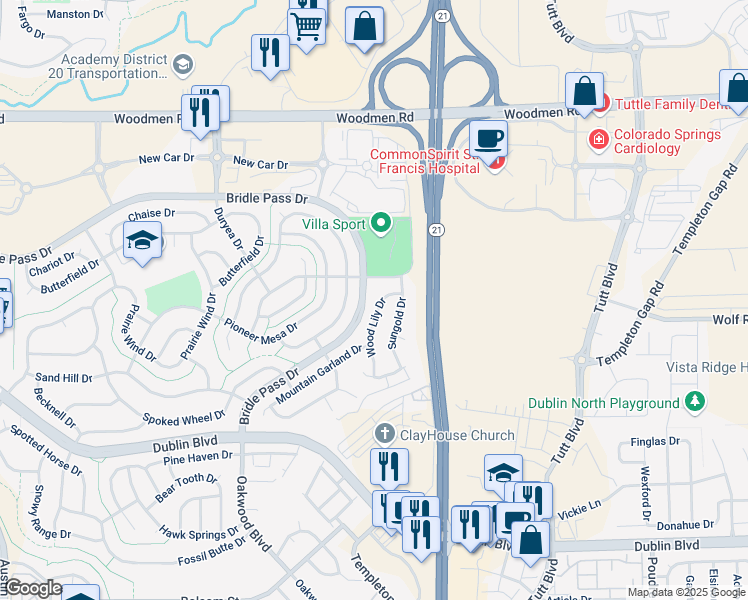 map of restaurants, bars, coffee shops, grocery stores, and more near 7046 Wood Lily Drive in Colorado Springs