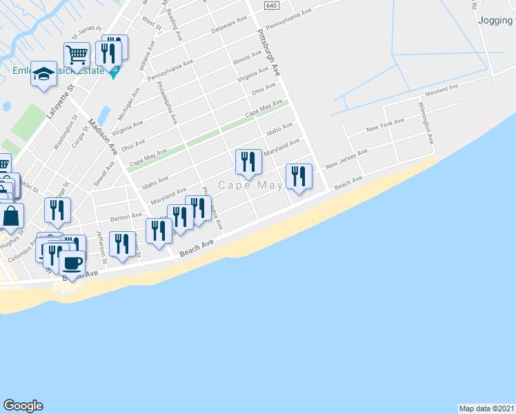 map of restaurants, bars, coffee shops, grocery stores, and more near 15 Reading Avenue in Cape May