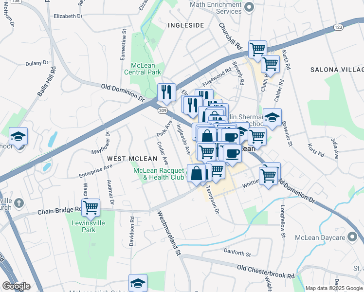 map of restaurants, bars, coffee shops, grocery stores, and more near 1428 Ingleside Avenue in McLean