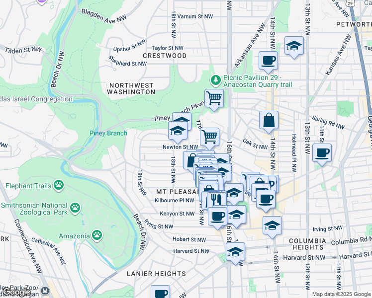 map of restaurants, bars, coffee shops, grocery stores, and more near 3360 Mount Pleasant Street Northwest in Washington