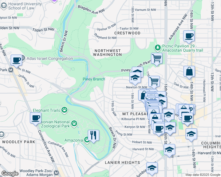 map of restaurants, bars, coffee shops, grocery stores, and more near 3322 19th Street Northwest in Washington