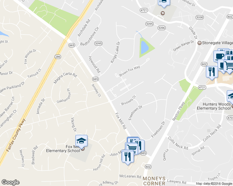 map of restaurants, bars, coffee shops, grocery stores, and more near 2481 Fox Trot Terrace in Reston
