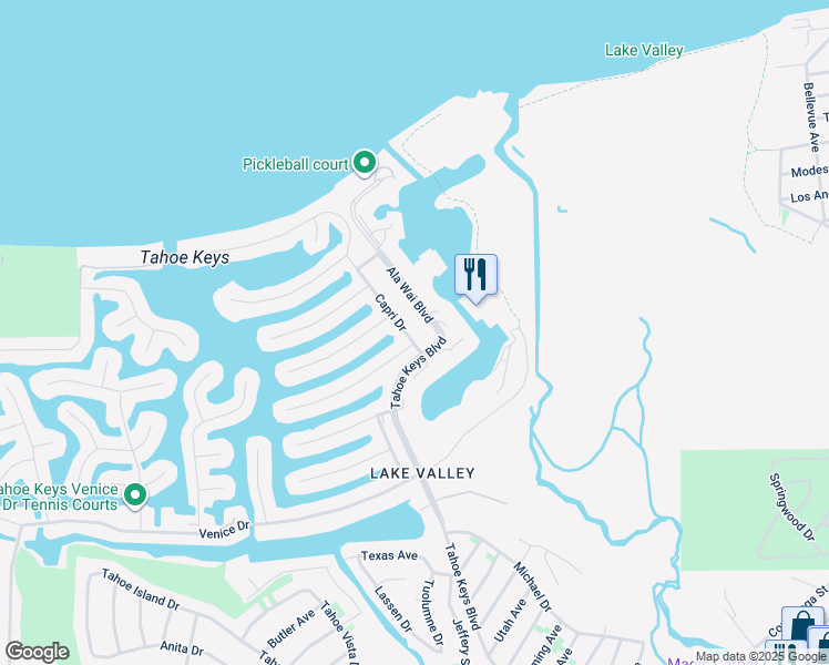 map of restaurants, bars, coffee shops, grocery stores, and more near 487 Capri Drive in South Lake Tahoe
