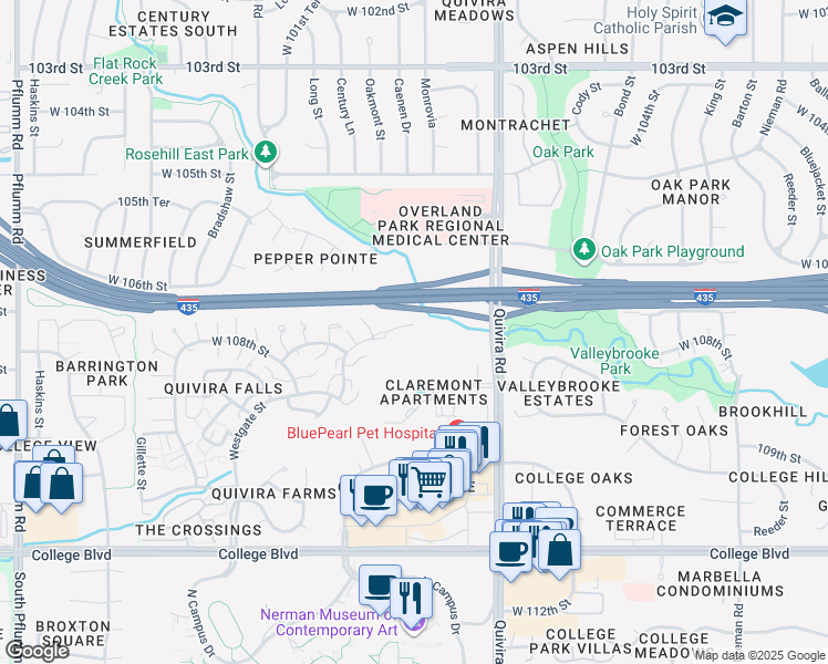 map of restaurants, bars, coffee shops, grocery stores, and more near 10745 Oakmont Street in Overland Park