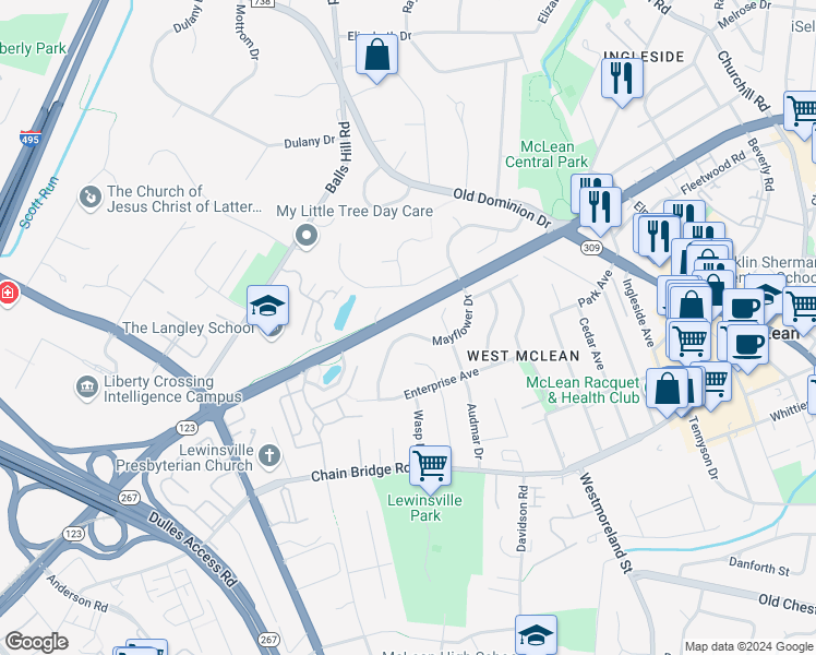 map of restaurants, bars, coffee shops, grocery stores, and more near 1426 Mayflower Drive in McLean