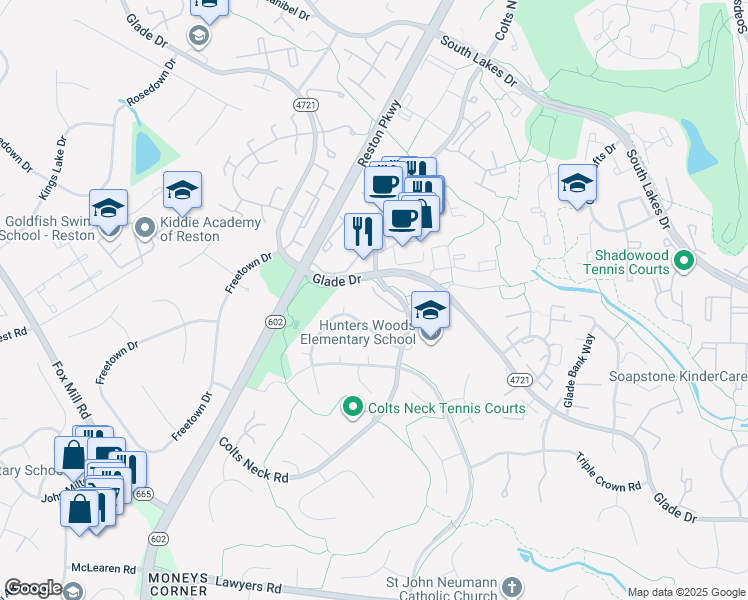 map of restaurants, bars, coffee shops, grocery stores, and more near 12027 Insha Court in Reston