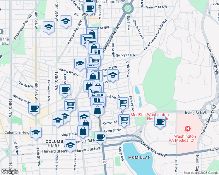 map of restaurants, bars, coffee shops, grocery stores, and more near 3533 6th Street Northwest in Washington