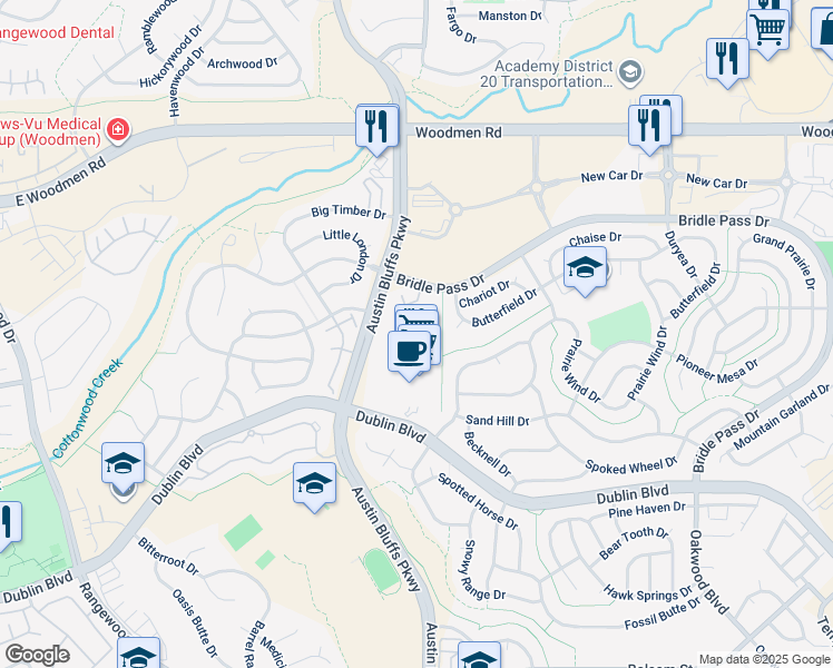 map of restaurants, bars, coffee shops, grocery stores, and more near 4741 Sand Mountain Point in Colorado Springs