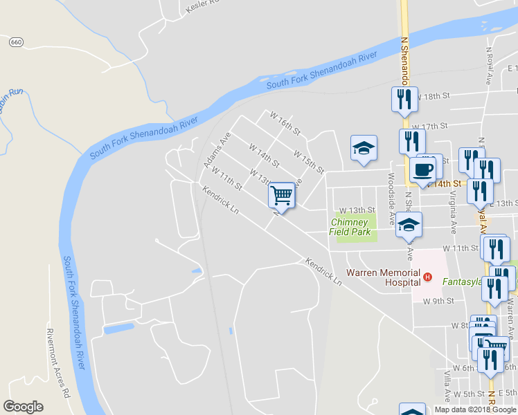 map of restaurants, bars, coffee shops, grocery stores, and more near 726 West 11th Street in Front Royal