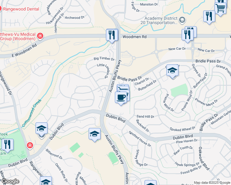 map of restaurants, bars, coffee shops, grocery stores, and more near 7085 Austin Bluffs Parkway in Colorado Springs
