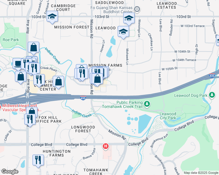 map of restaurants, bars, coffee shops, grocery stores, and more near 3701 Indian Creek Parkway in Overland Park