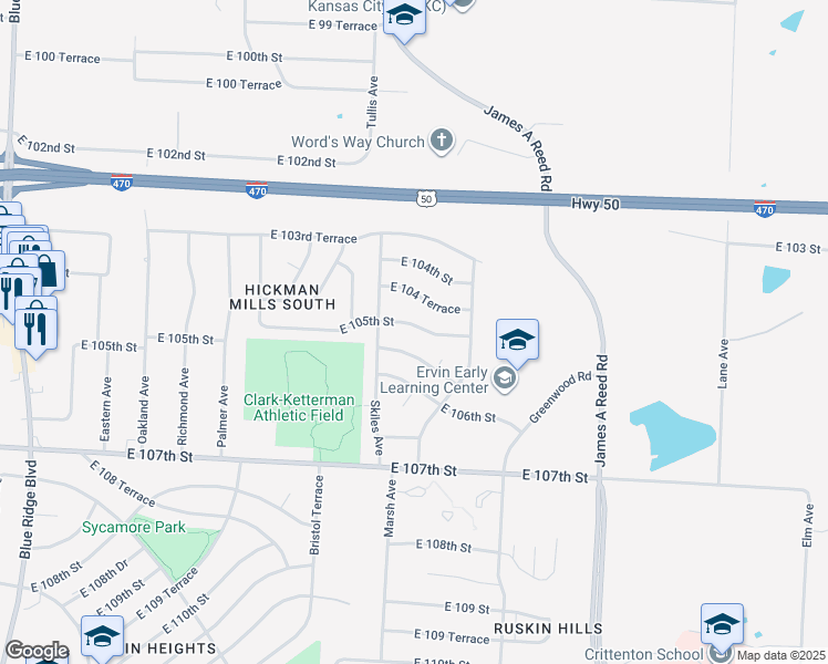map of restaurants, bars, coffee shops, grocery stores, and more near 8309 East 105th Street in Kansas City