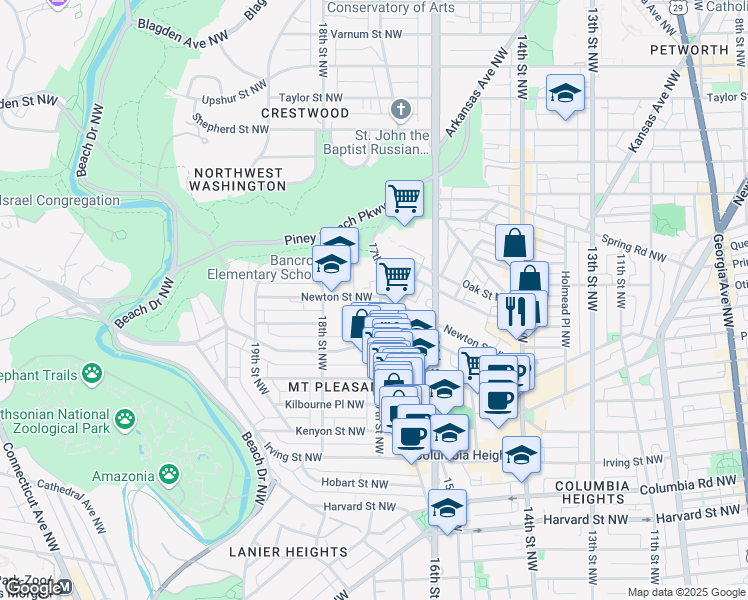 map of restaurants, bars, coffee shops, grocery stores, and more near 1708 Newton Street Northwest in Washington