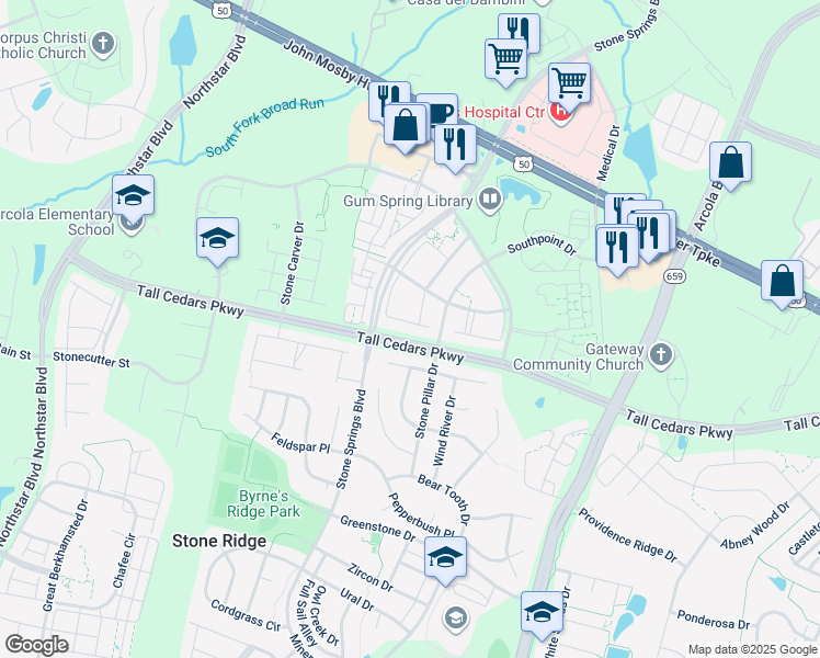map of restaurants, bars, coffee shops, grocery stores, and more near 24699 Siltstone Square in Stone Ridge