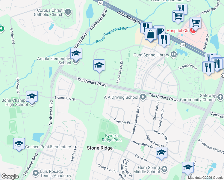map of restaurants, bars, coffee shops, grocery stores, and more near 41898 Beryl Terrace in Stone Ridge