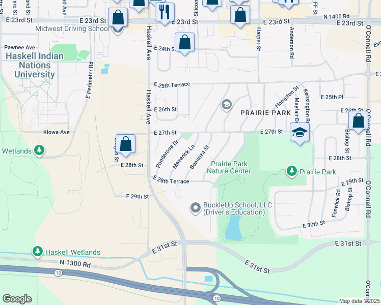 map of restaurants, bars, coffee shops, grocery stores, and more near 2716 Maverick Lane in Lawrence