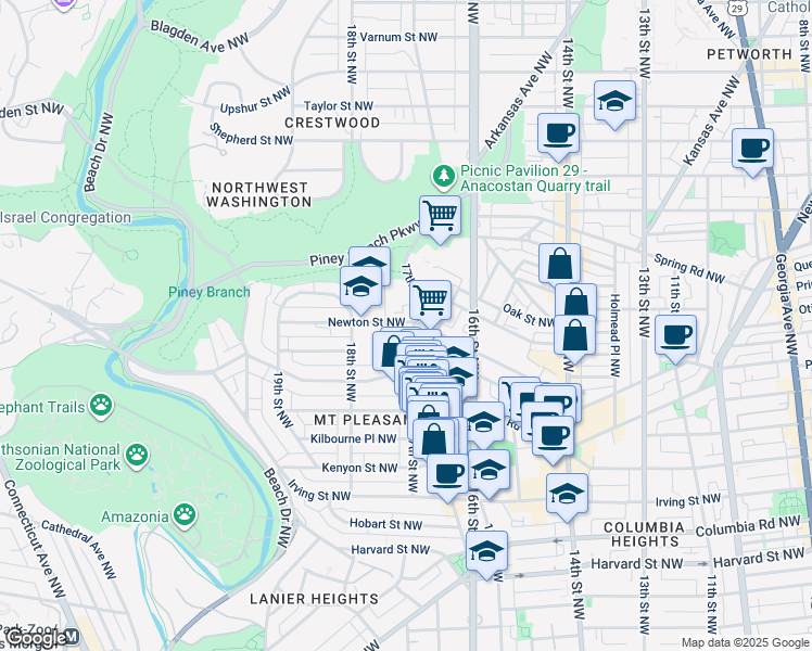 map of restaurants, bars, coffee shops, grocery stores, and more near 1708 Newton Street Northwest in Washington