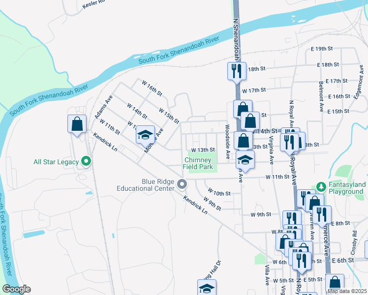 map of restaurants, bars, coffee shops, grocery stores, and more near 601 Dixie Avenue in Front Royal