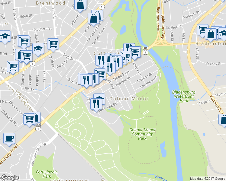 map of restaurants, bars, coffee shops, grocery stores, and more near 3420 40th Avenue in Brentwood