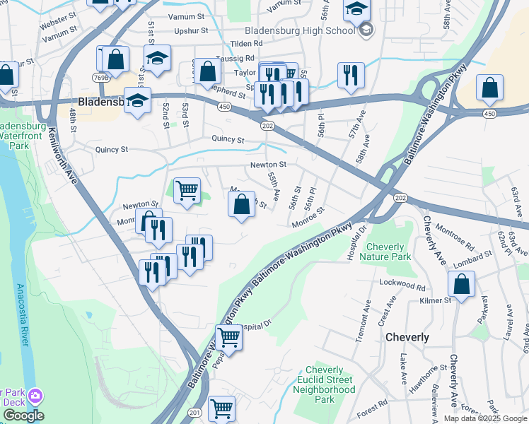 map of restaurants, bars, coffee shops, grocery stores, and more near 5445 Macbeth Street in Hyattsville