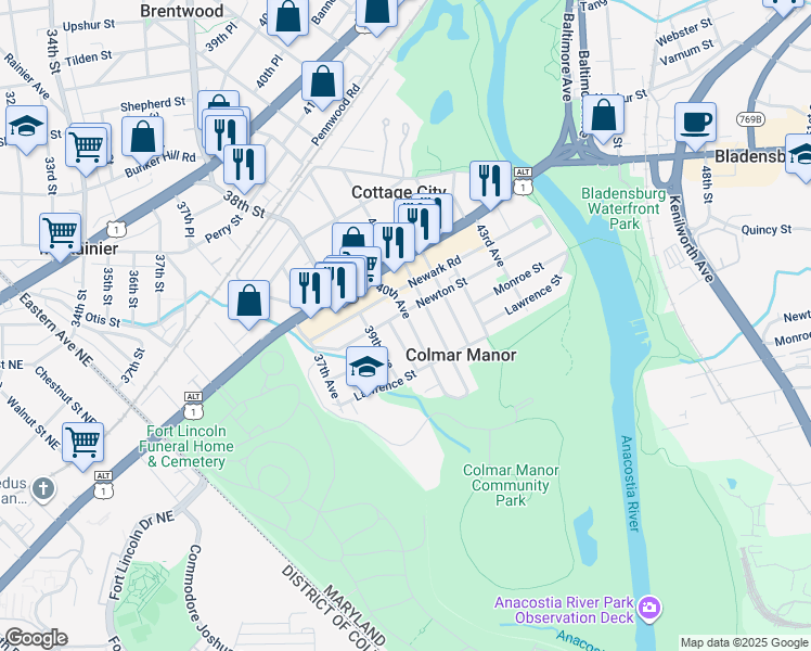 map of restaurants, bars, coffee shops, grocery stores, and more near 3420 40th Avenue in Brentwood