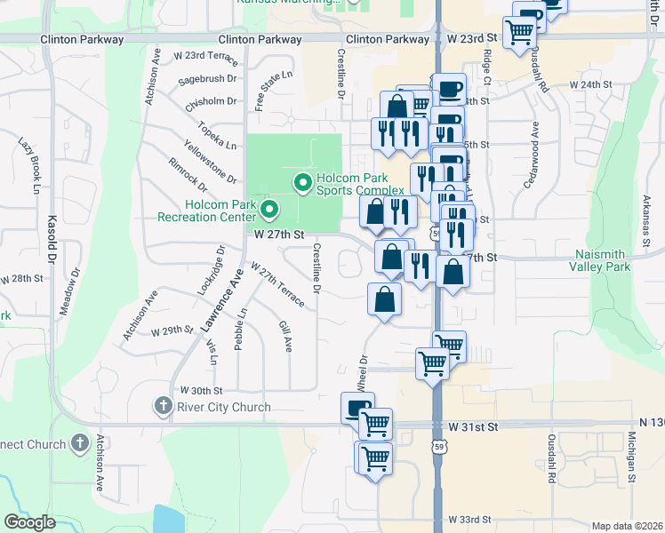 map of restaurants, bars, coffee shops, grocery stores, and more near 2738 Chipperfield Road in Lawrence