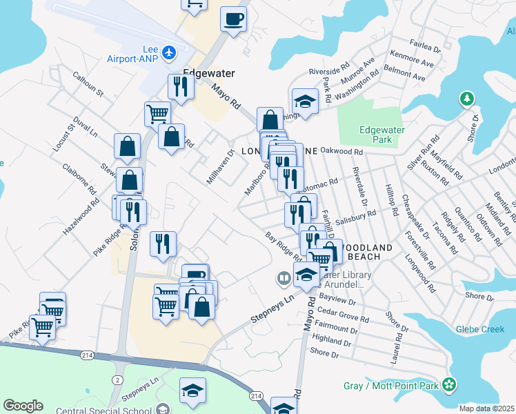 map of restaurants, bars, coffee shops, grocery stores, and more near 1917 Potomac Road in Edgewater