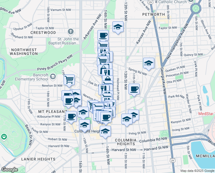map of restaurants, bars, coffee shops, grocery stores, and more near 3465 14th Street Northwest in Washington