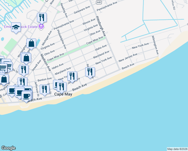 map of restaurants, bars, coffee shops, grocery stores, and more near 15 Reading Avenue in Cape May