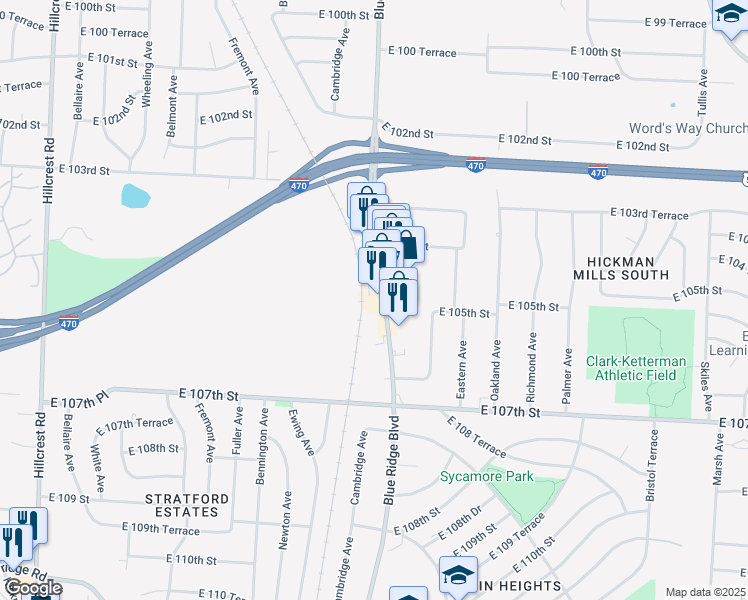 map of restaurants, bars, coffee shops, grocery stores, and more near 10424 Blue Ridge Blvd in Kansas City