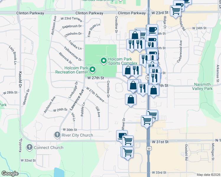 map of restaurants, bars, coffee shops, grocery stores, and more near 2719 Crestline Drive in Lawrence