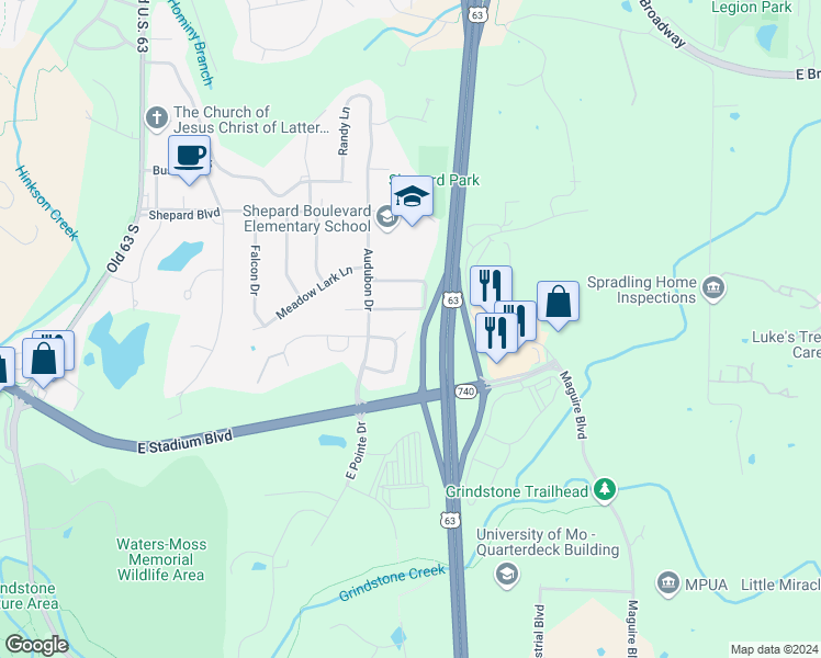 map of restaurants, bars, coffee shops, grocery stores, and more near 1413 North Azalea Drive in Columbia