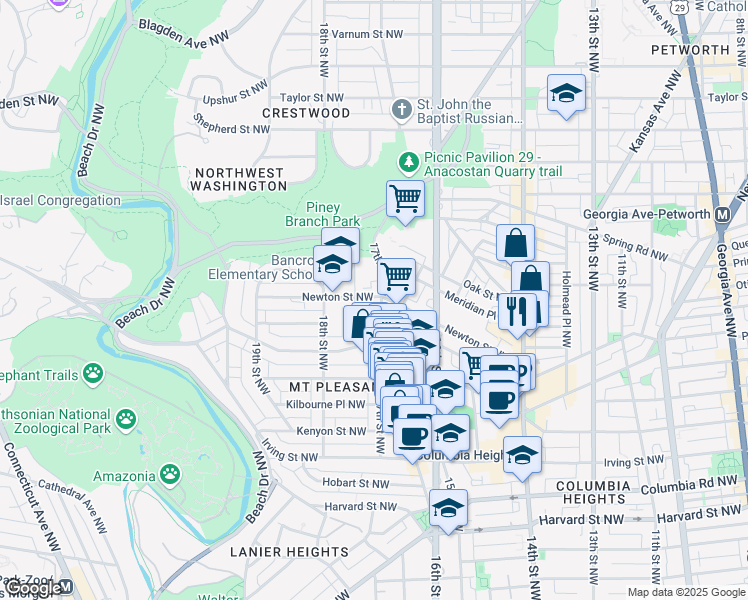 map of restaurants, bars, coffee shops, grocery stores, and more near 1708 Newton Street Northwest in Washington