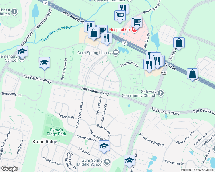 map of restaurants, bars, coffee shops, grocery stores, and more near 24707 Geyser Peaks Square in Stone Ridge