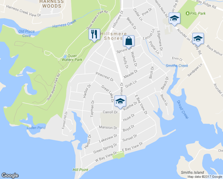 map of restaurants, bars, coffee shops, grocery stores, and more near 100 Great Lake Drive in Annapolis