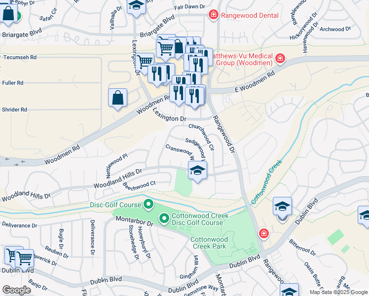 map of restaurants, bars, coffee shops, grocery stores, and more near 3650 Cranswood Way in Colorado Springs