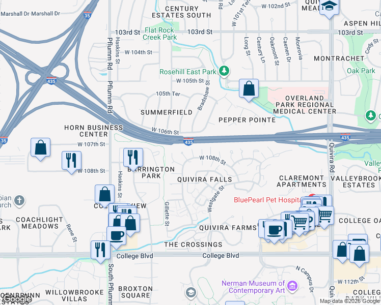 map of restaurants, bars, coffee shops, grocery stores, and more near 12810 West 108th Street in Overland Park