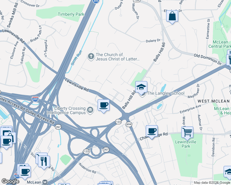 map of restaurants, bars, coffee shops, grocery stores, and more near 7443 Old Maple Square in McLean