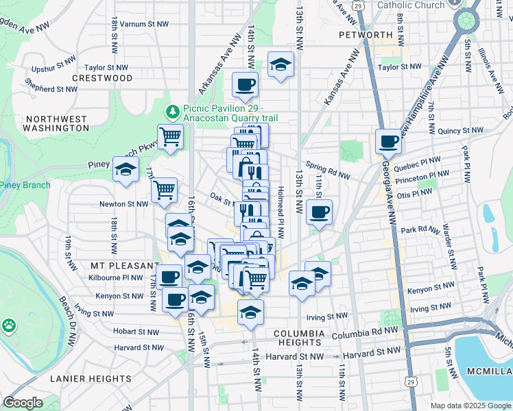 map of restaurants, bars, coffee shops, grocery stores, and more near 3465 14th Street Northwest in Washington