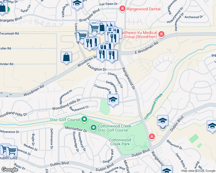 map of restaurants, bars, coffee shops, grocery stores, and more near 3650 Cranswood Way in Colorado Springs