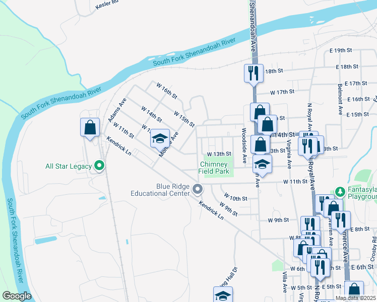 map of restaurants, bars, coffee shops, grocery stores, and more near 611 West 13th Street in Front Royal