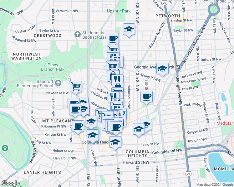 map of restaurants, bars, coffee shops, grocery stores, and more near 3467 14th Street Northwest in Washington